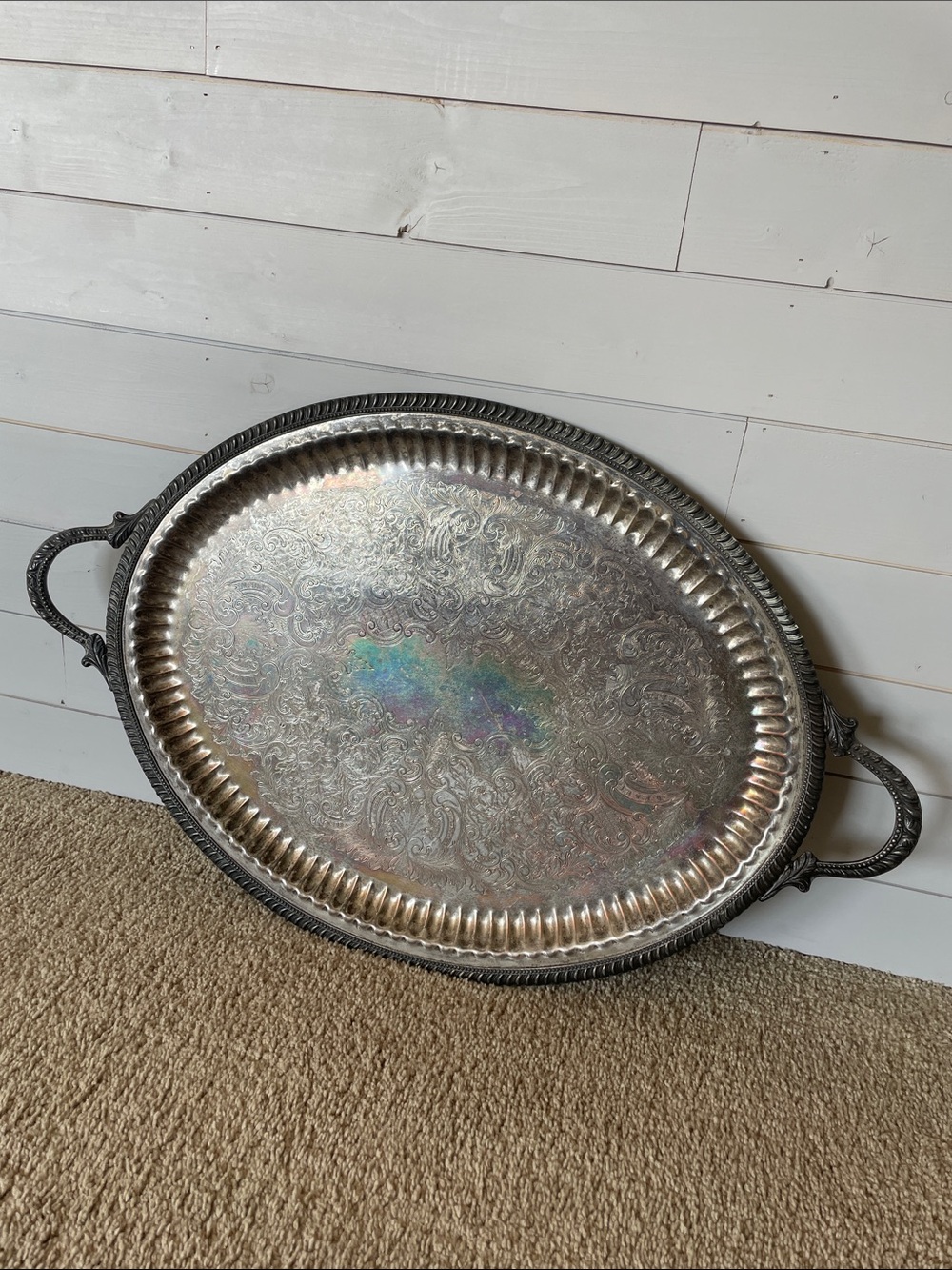 Vintage Ornate Silver Plated Oval Large Serving Tray with Handles MCM Etched